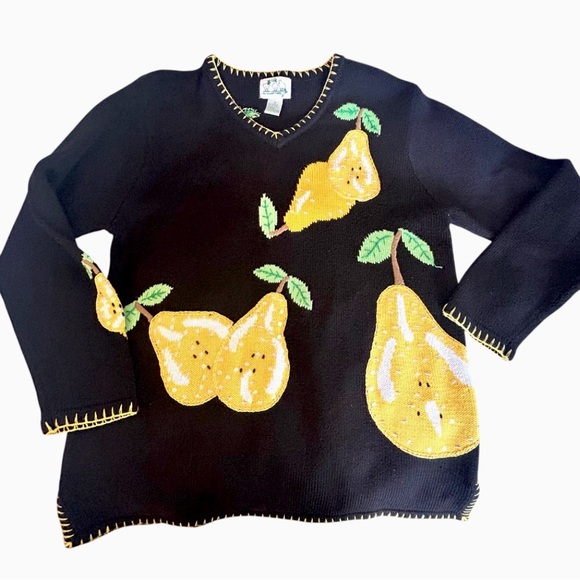 QUACKER FACTORY Vintage Beaded Pears Black V Neck Knit Sweater Size M - Picture 1 of 9